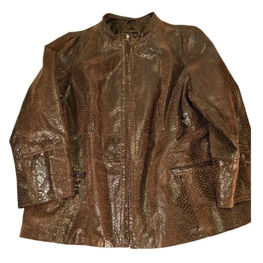 Maggie‎ Barnes Womens Brown Snake Print Faux Leather Jacket 14 16W